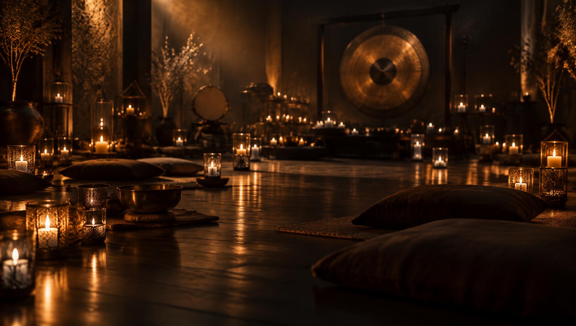 Sala ceremonial iluminada por velas con un gong al fondo